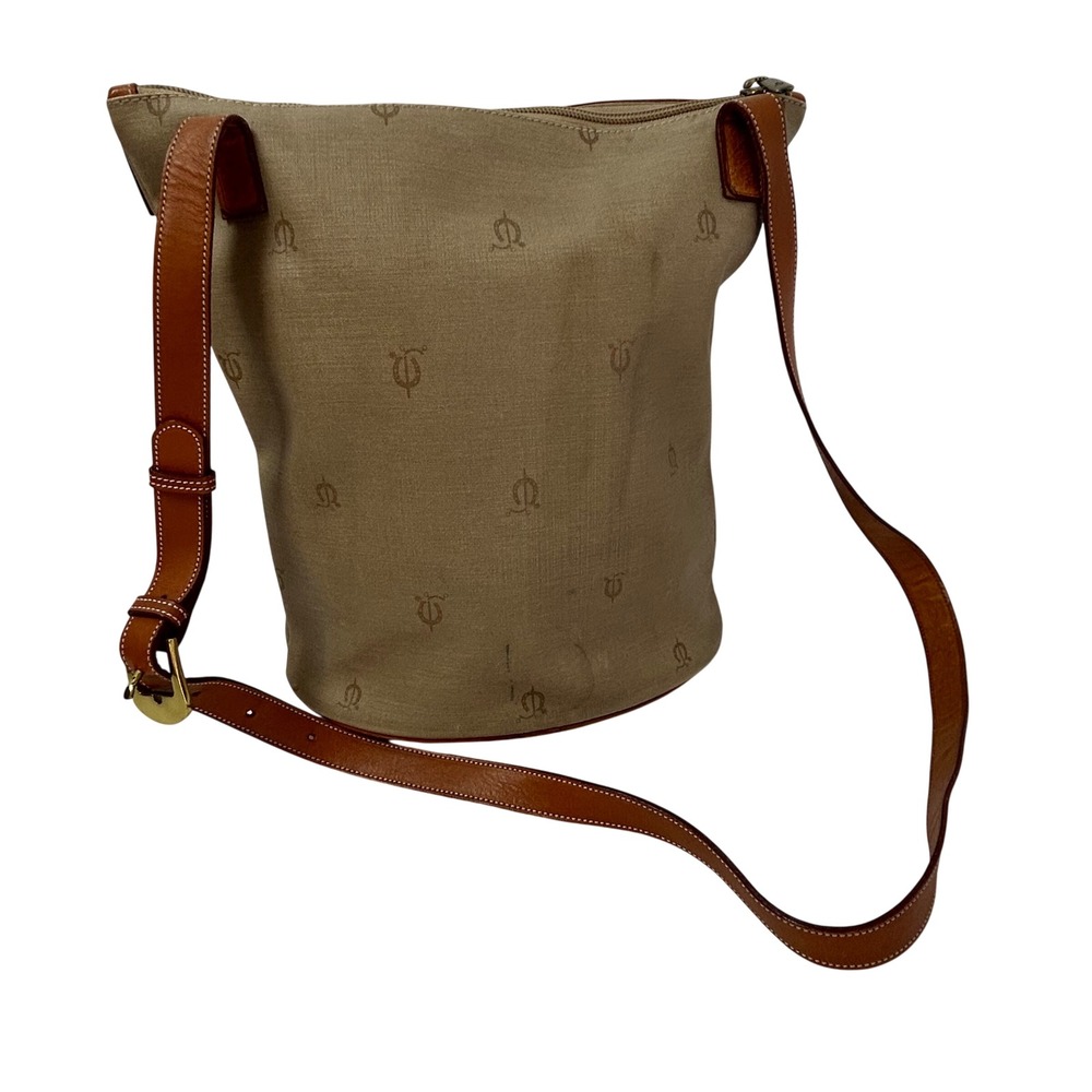 Vintage El Caballo Monogram Canvas Leather Trim Crossbody Bucket Bag Beige Tan